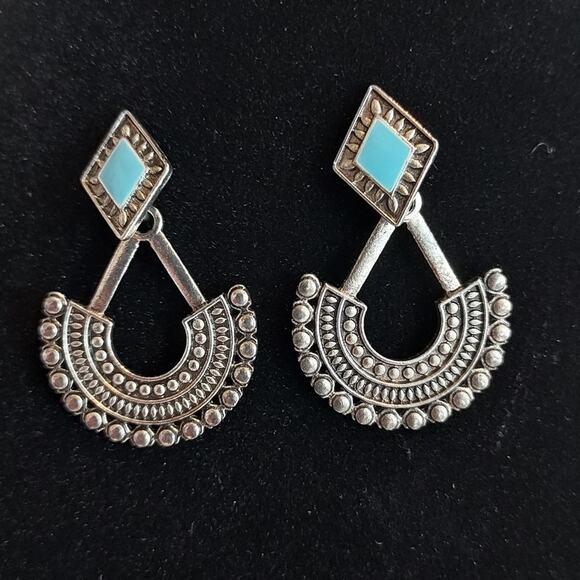 Silver Tone Blue Stone Bohemian Boho Aztec Sunflower Drop Dangle Post Earrings - Picture 4 of 4